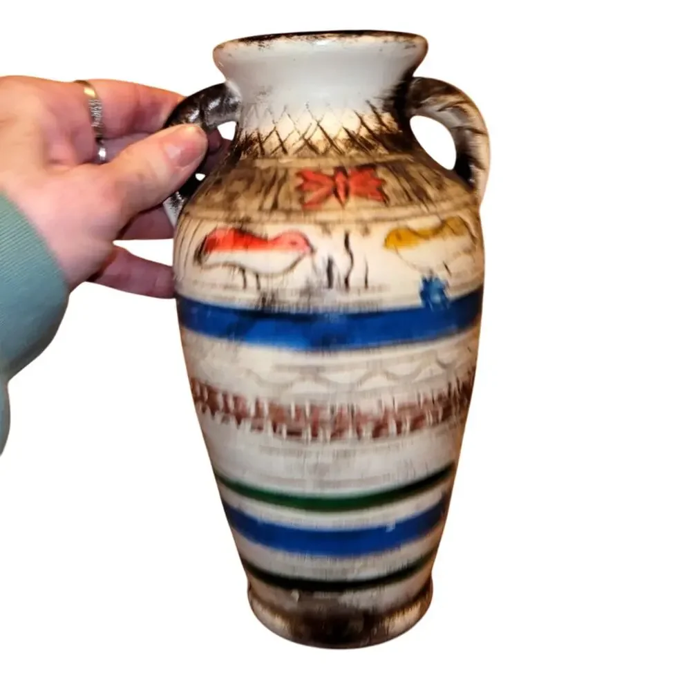 Vtg Handcrafted Ceramic Pottery Vase Folk Art Birds Primative Rustic Farmhouse